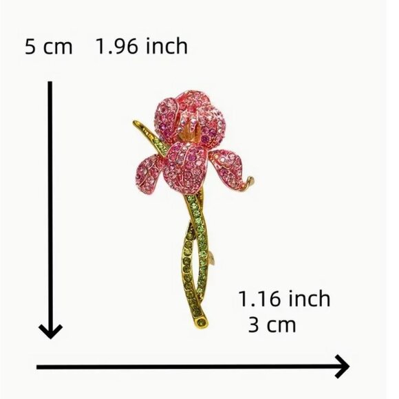 Sparkling Pink Iris Flower Brooch Pin Pink Rhinestones - Picture 2 of 2